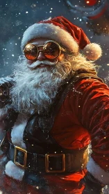 Confident winter Santa in goggles brings bold holiday cheer
