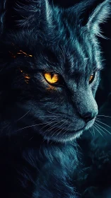 Ember-eyed nocturnal cat in electric blue shadowed fur.