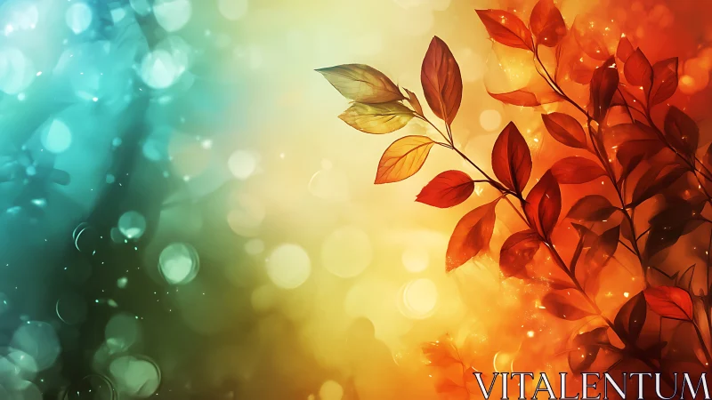 Burnished autumn leaves drift through a glowing twilight haze