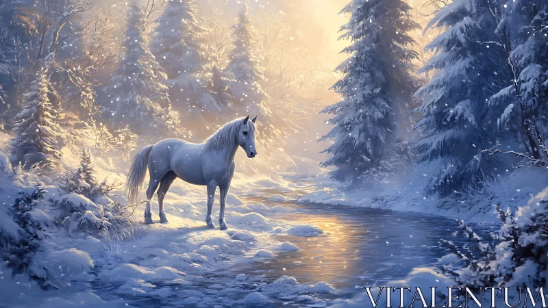 White horse in snowy forest beside glowing winter creek.