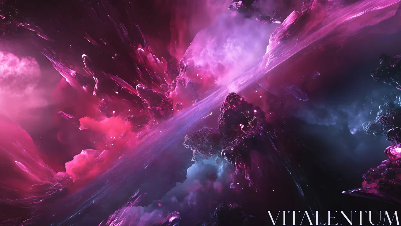 Cosmic nebula erupts in vivid magenta and electric violet light.