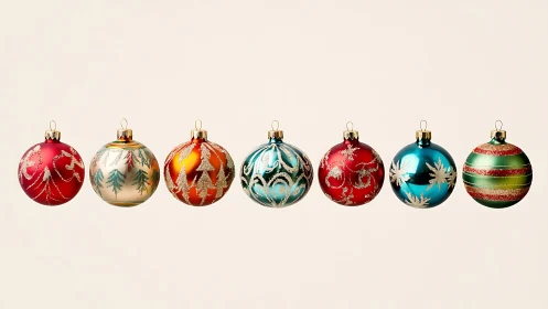 Colorful Christmas baubles lined up in festive harmony.