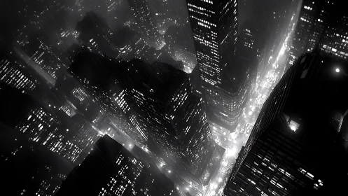 Noir aerial cityscape in heavy rain with tilted perspective