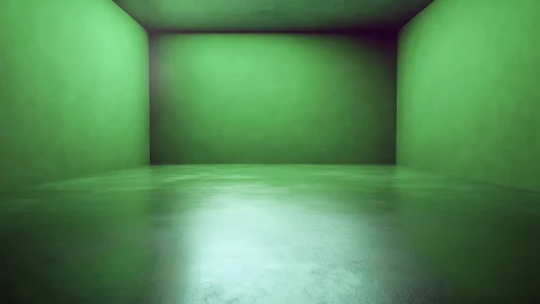 Glossy green empty room exhibits smooth reflective concrete plane