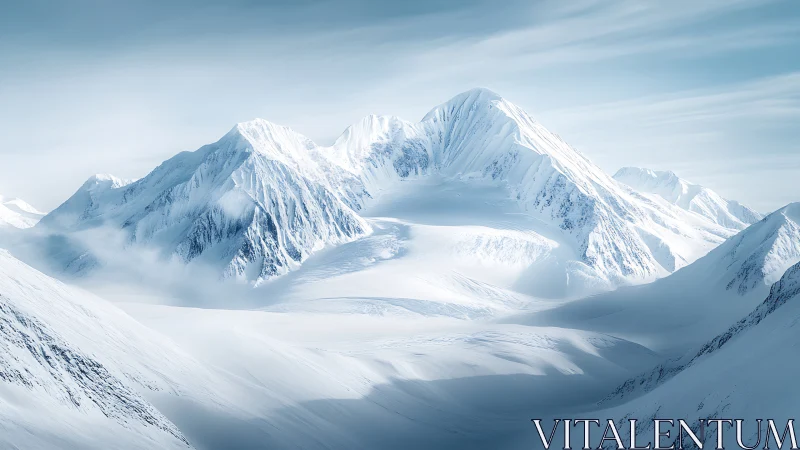 Snowbound alpine range under soft winter daylight glow.