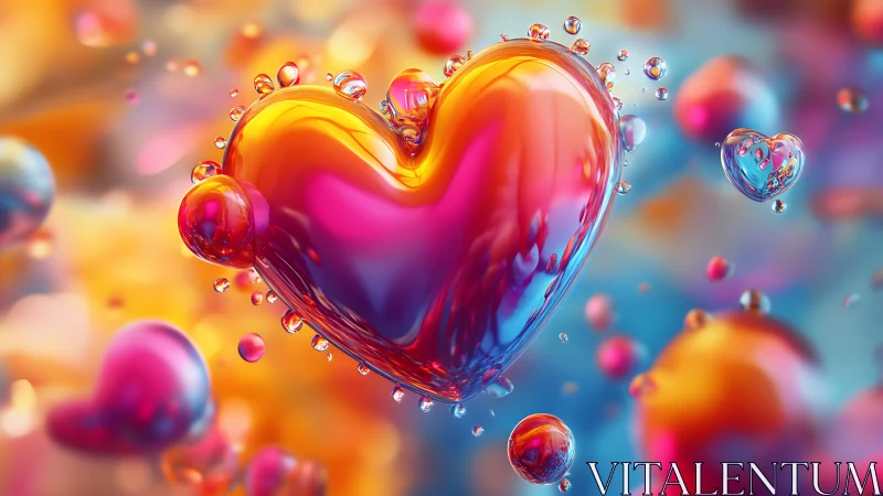 Luminous gradient heart with iridescent liquid and suspended bubble particles