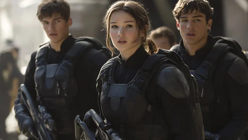 Young squad of armed cadets pauses with quiet resolve