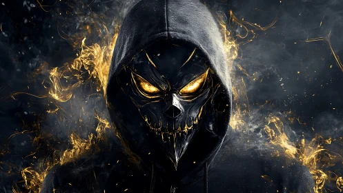Hooded fiery skull entity with molten golden eyes emerging.