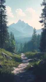 Mountain Passage Beckons Through Towering Forest Sentinels