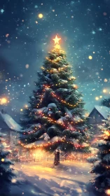 Snow-laden outdoor Christmas tree with glowing star topper