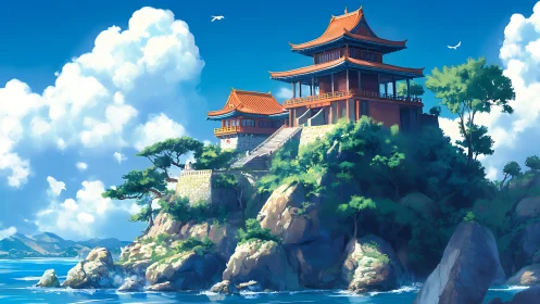 Clifftop temple overlooks bright coastal landscape under sky