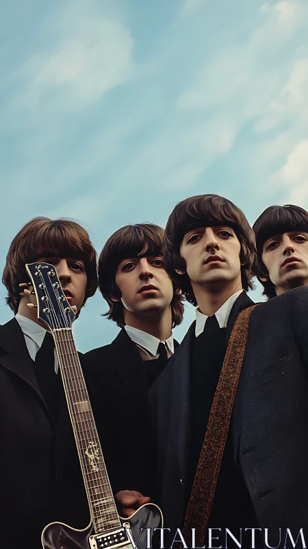 Retro guitar band gazing upward beneath a soft blue sky.