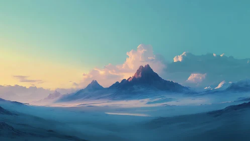 Glacial mountain range under cyan sky at sunrise glow.