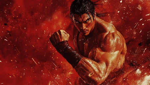 Martial artist charges through blazing red battle energy.