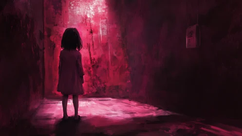 Backlit child in crimson corridor rendered as moody digital study