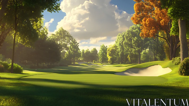 Sunlit golf fairway stretches between lush autumn trees.