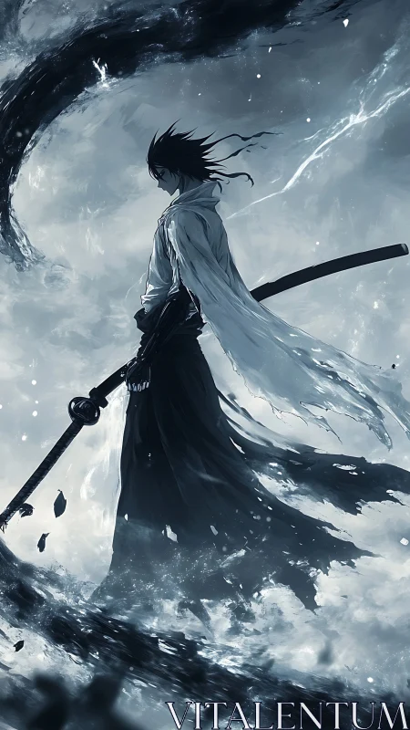 Stormbound swordsman commands swirling monochrome waves.