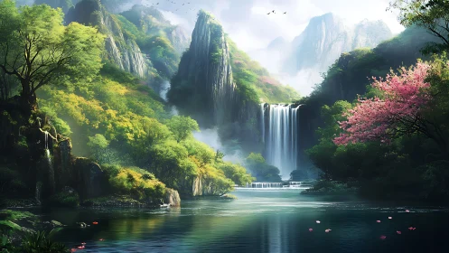 Luminous mountain waterfall valley with verdant spring foliage.