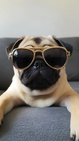 Cool pug portrait with oversized sunglasses on sofa.
