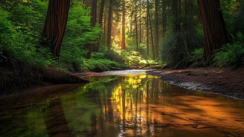 Golden Whispers Through Redwood Sanctuary.