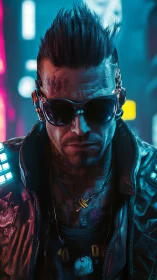 Cyberpunk mercenary portrait under neon city glow.