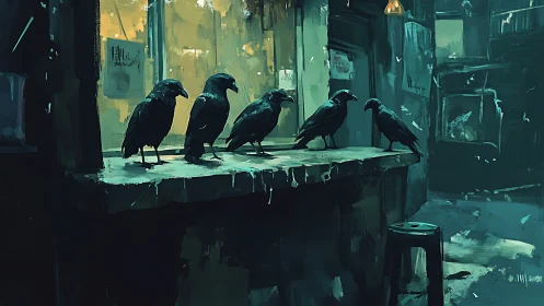 Crows on urban ledge before illuminated storefront window.