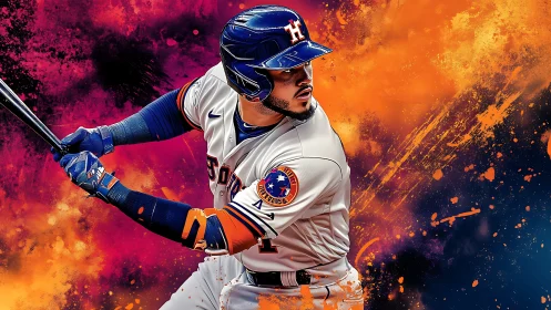Dynamic baseball batter portrait amid explosive color splashes
