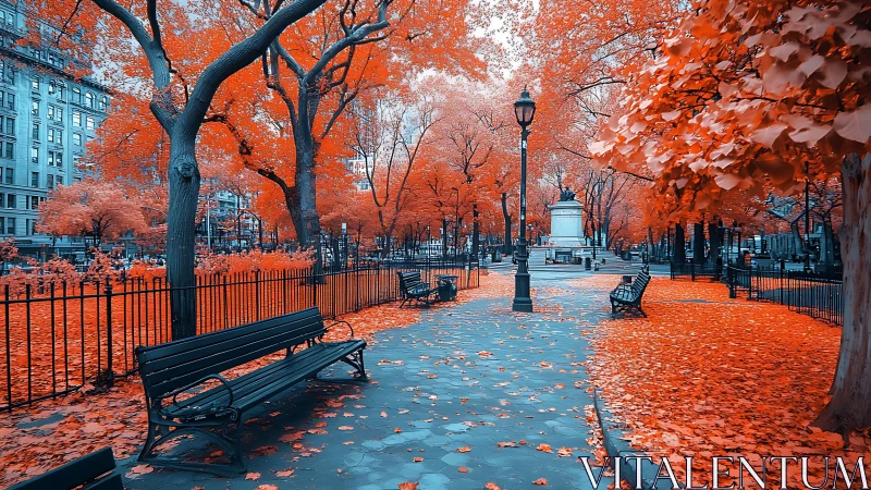 Infrared urban park promenade with high-contrast foliage palette.