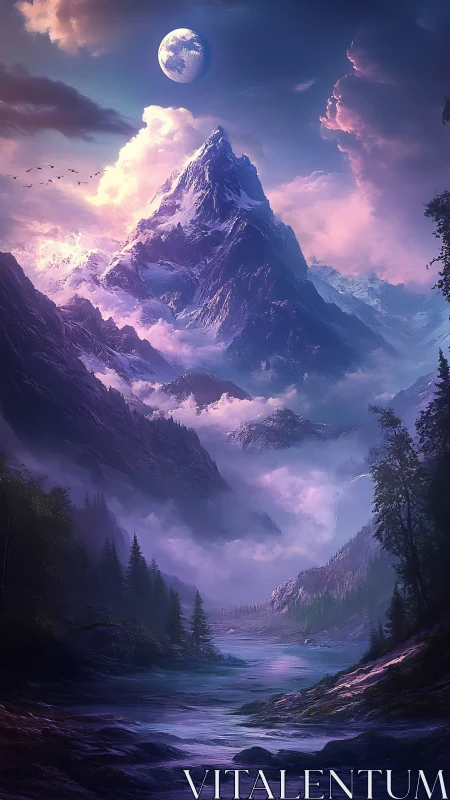 Moonlit titan of misty peaks quietly crowns the valley