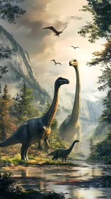 Gentle dinosaurs wandering a golden prehistoric valley.