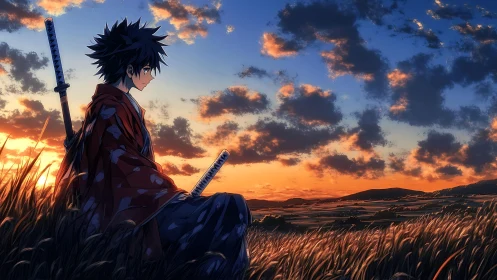 Samurai figure in grassland observing distant sunset horizon.