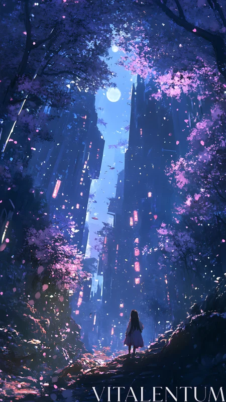 Girl stands in neon forest valley under glowing full moon.