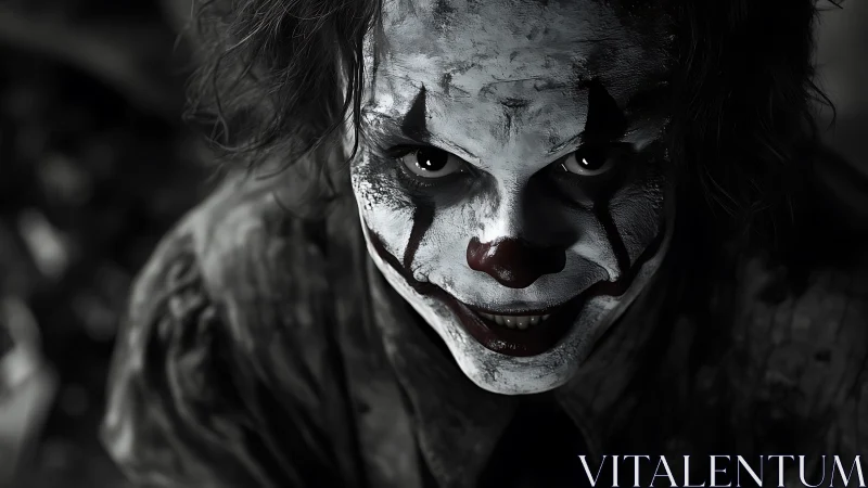 Moonlit sinister clown grinning from the shadows of dread.