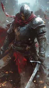 Scarlet-scarfed knight stalks through embers and misted ruin