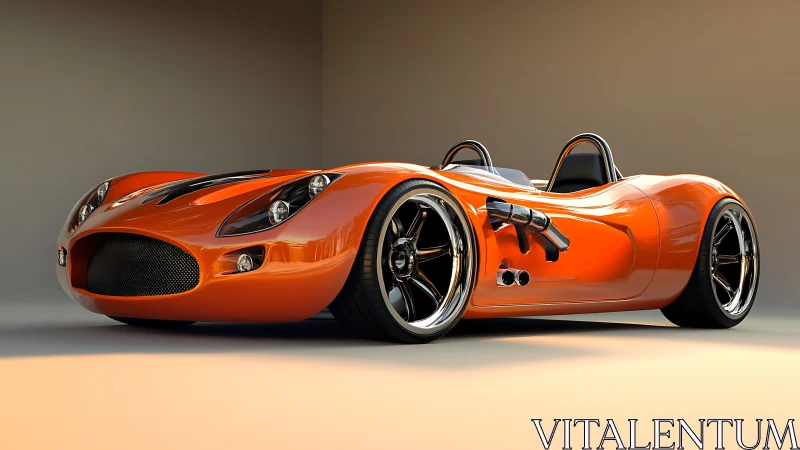 Low-slung orange roadster render with exposed side exhaust detail