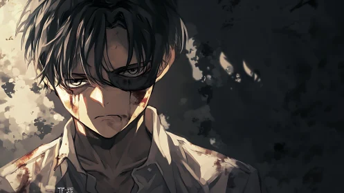 Injured anime boy in harsh chiaroscuro lighting with ominous shadow