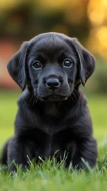 Black puppy sits on green grass facing the camera directly.