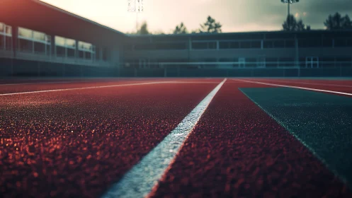 Low-angle stadium track surface captures granular texture at dusk