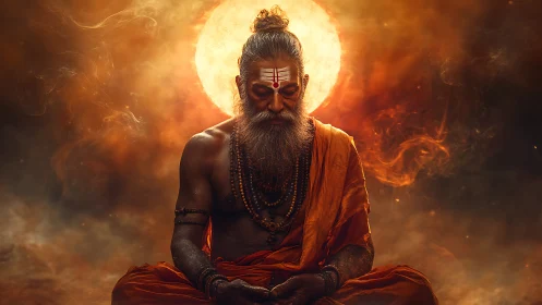 Ascetic yogi silhouetted against solar halo in fiery haze