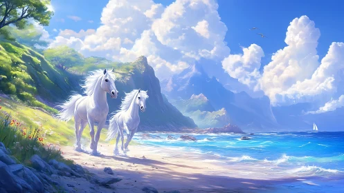 Digital painting of white horses on luminous coastal shoreline.