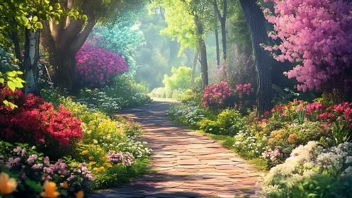Sunlit stone path through vibrant flowering garden.