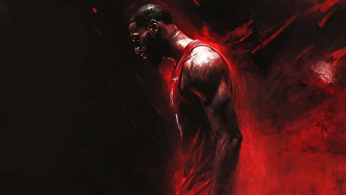 Side-profile basketball figure stands in red abstract space