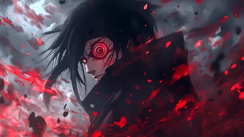 Storm-eyed warrior wrapped in swirling crimson embers.