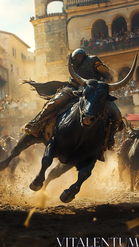 Armored rider charges through dusty plaza atop raging bull
