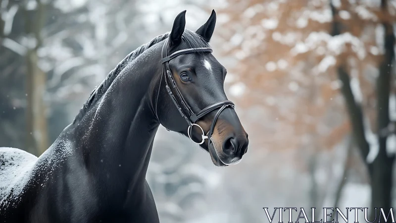 Dark horse in bridle standing in snowy winter woodland.