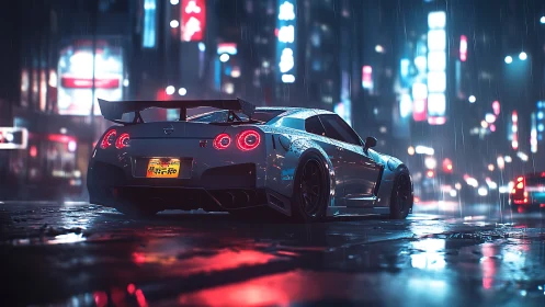 Widebody sports coupe reflects neon in rain-soaked urban street