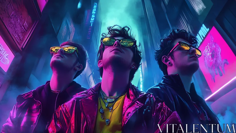 Neon-soaked cyberpunk trio under towering city screens.