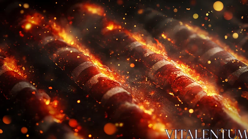 Molten sparks over glowing metal bars in fiery motion.