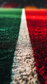 Shallow depth of field isolates tricolor synthetic turf line detail