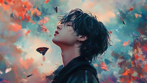 Sky-breathing dreamer amid ember leaves and wandering wings.